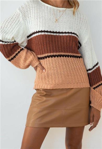 Round Neck Hollow Loose Color Stitching Long Sleeve Knitted Sweater