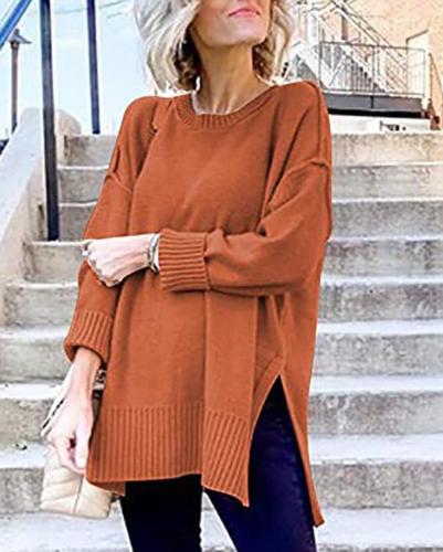 Round Neck Long Sleeve Side Slit Loose Sweater