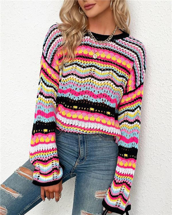 Patchwork sweater loose inter-color rainbow round neck striped sweater