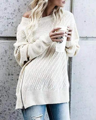 Solid Zipper Side Slit Batwing Sleeve Knit Sweater