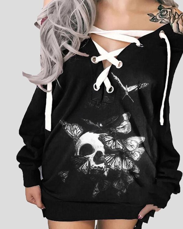 Halloween Off-The-Shoulder Printed Skull Casual Dress