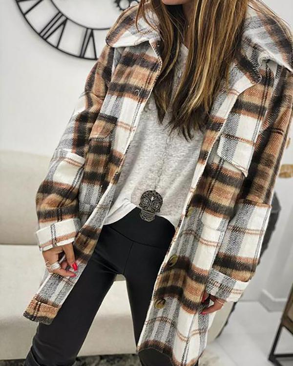 Lapel Long Sleeve Loose Plaid Coat