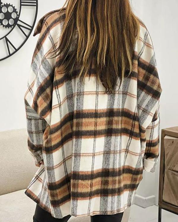 Lapel Long Sleeve Loose Plaid Coat