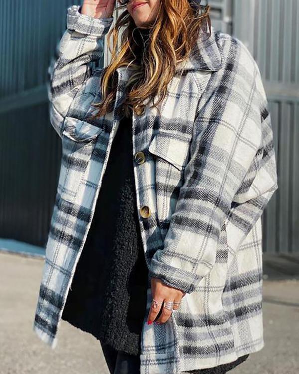 Lapel Long Sleeve Loose Plaid Coat