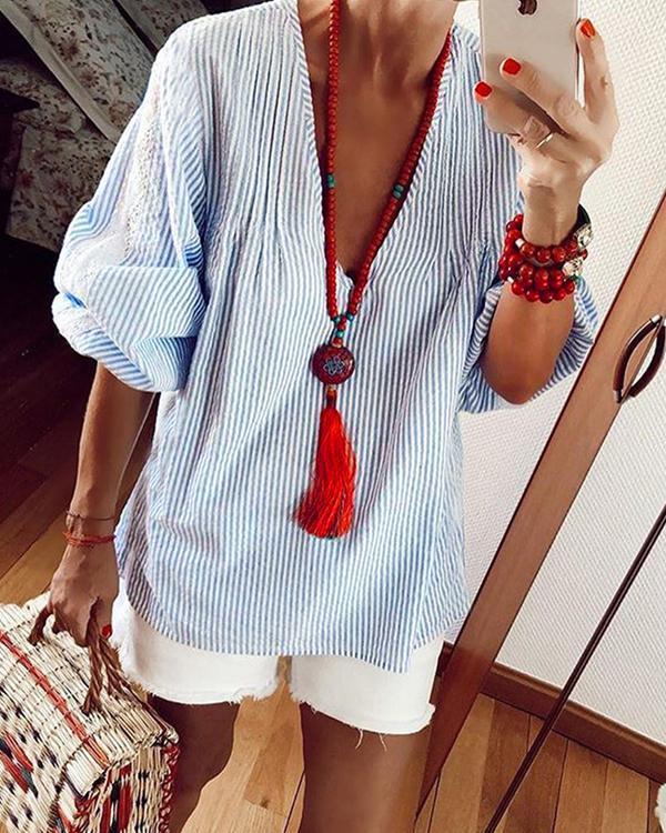 Women Striped Lace Patchwork Shirt