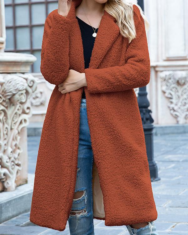 Women Winter Faux Fleece Long Sleeve Lapel Warm Coat