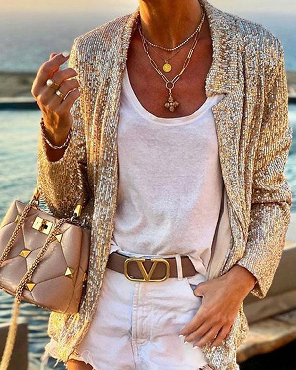 Autumn Long Sleeve Solid Color Sequin Slim Blazer