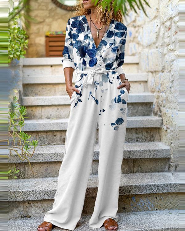 Fashion Long-Sleeve Leaf Print Jumpsuit