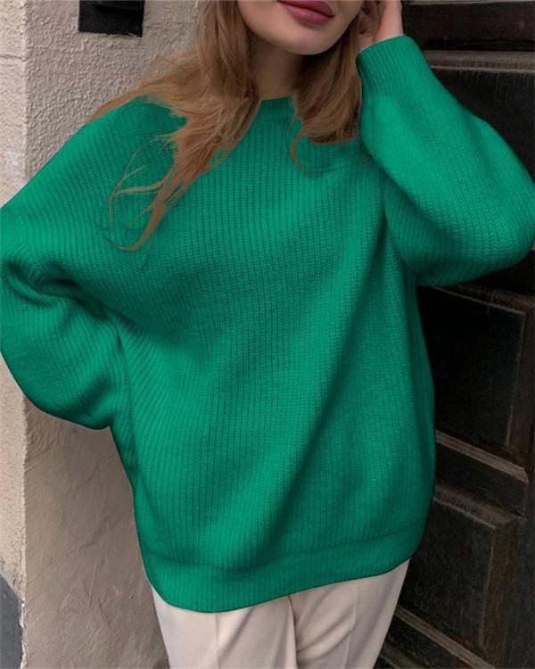 Round Neck Solid Color Thick Knit Sweater