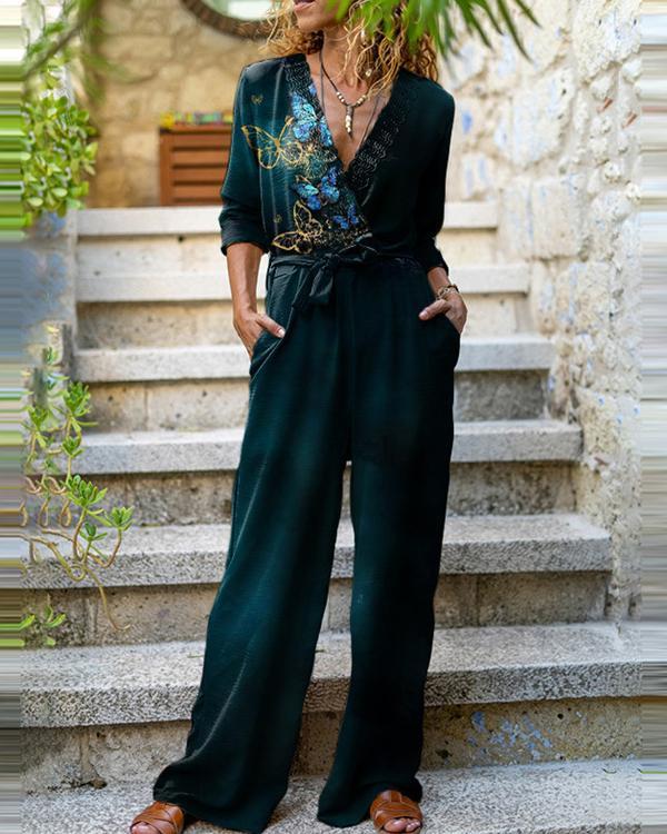 Fashion Long-Sleeve Butterfly Print Jumpsuit