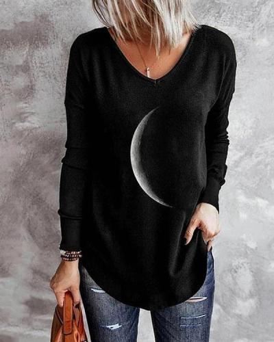 V Neck Irregular Crescent Moon Print Long Sleeve Fall Shirt & Top