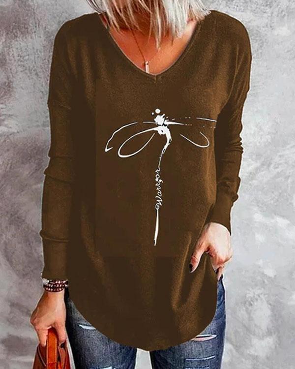 V Neck Irregular Dragonfly Print Long Sleeve Fall Shirt & Top