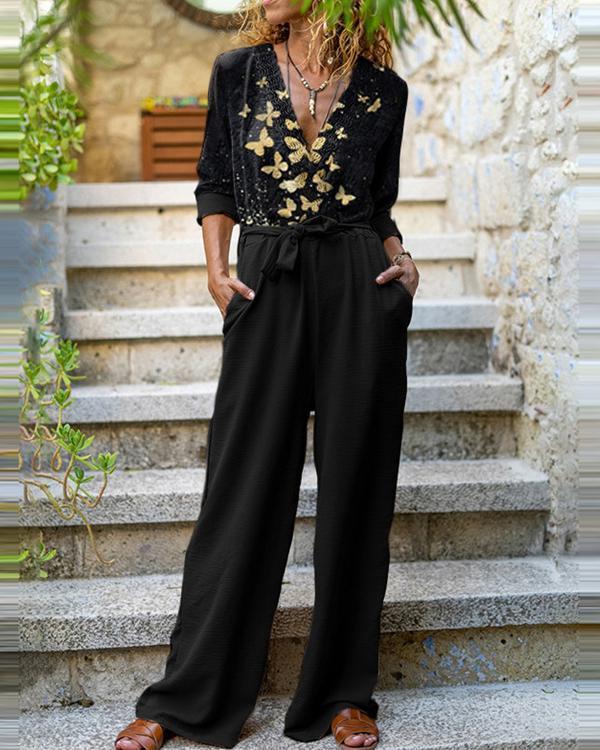 Fashion Long-Sleeve Leaf Print Jumpsuit