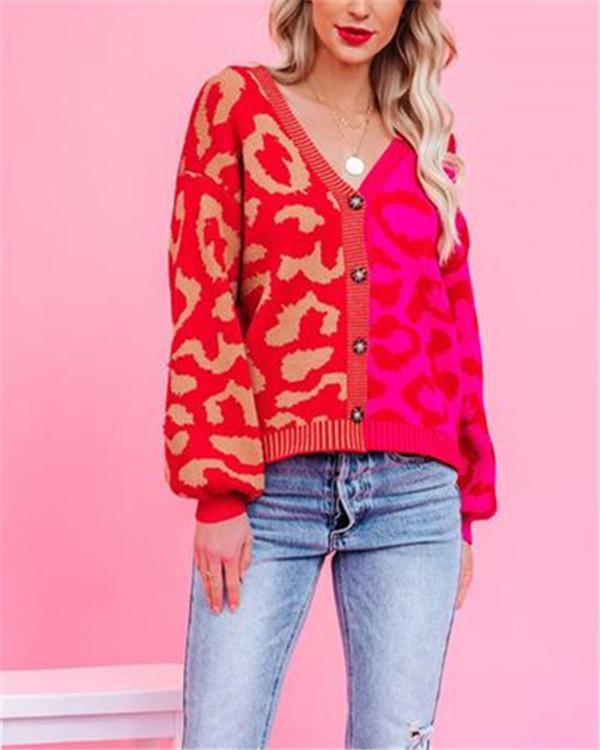Leopard Print Stitching Fashion Personality Cardigan Button Knit Jacket