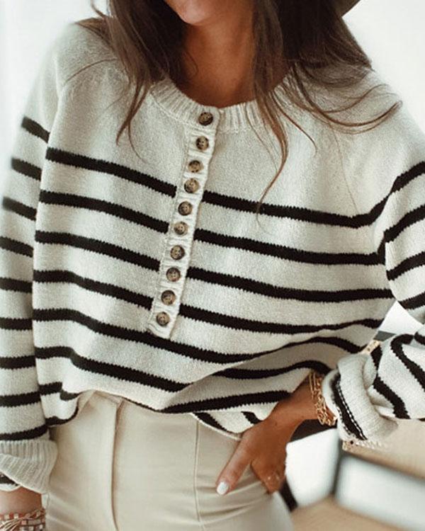 Crew Neck Stripe Long Sleeves Button Sweater