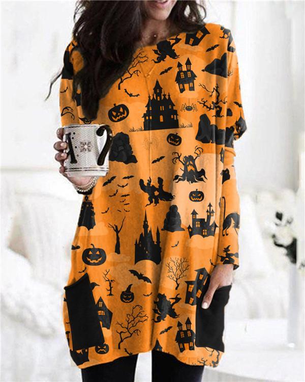 Halloween Popular Cartoon Print Long Sleeve Dress