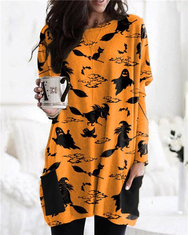 Halloween Popular Cartoon Print Long Sleeve Dress