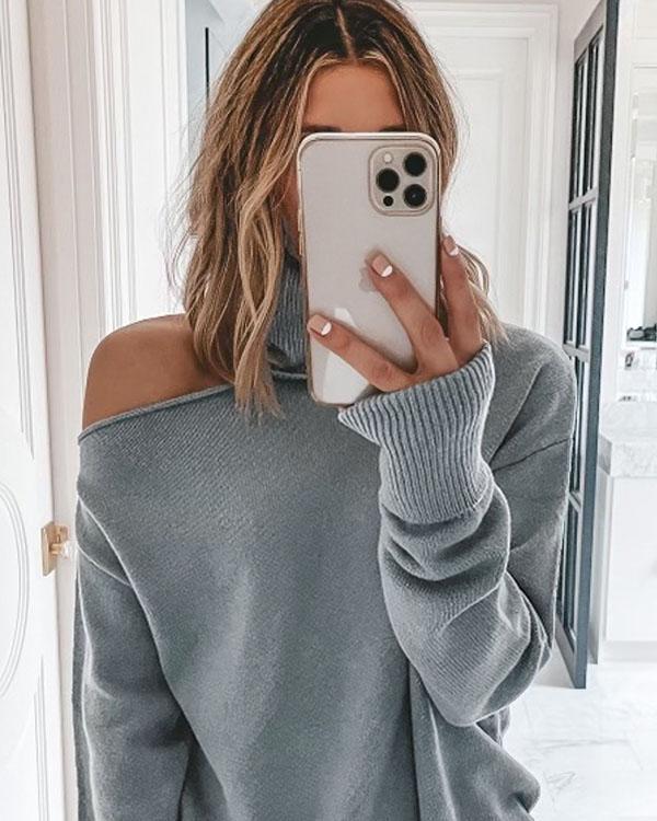 Cutout Shoulder Turtleneck Sweater