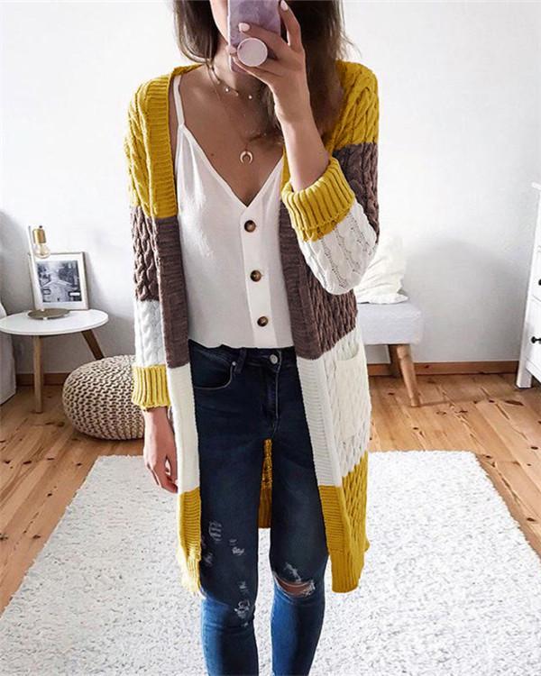 Autumn and winter striped stitching contrast cardigan sweater