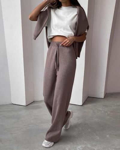 Pure color casual high-necked long-sleeved sweater and trousers women's suit