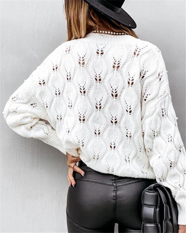 Pure Color Round Neck Bubble Bead Hollow Loose Knitted Sweater