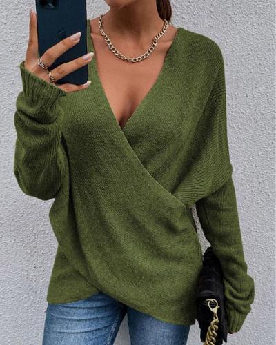 Pure Color Cross Loose Women's Knitted Sweater