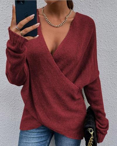 Pure Color Cross Loose Women's Knitted Sweater