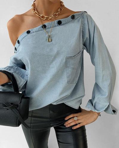 Button Dew Shoulder Denim Shirt