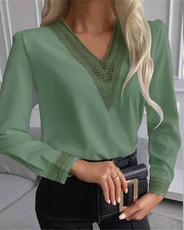 V-neck Lace Cut-out Long-sleeved Shirt