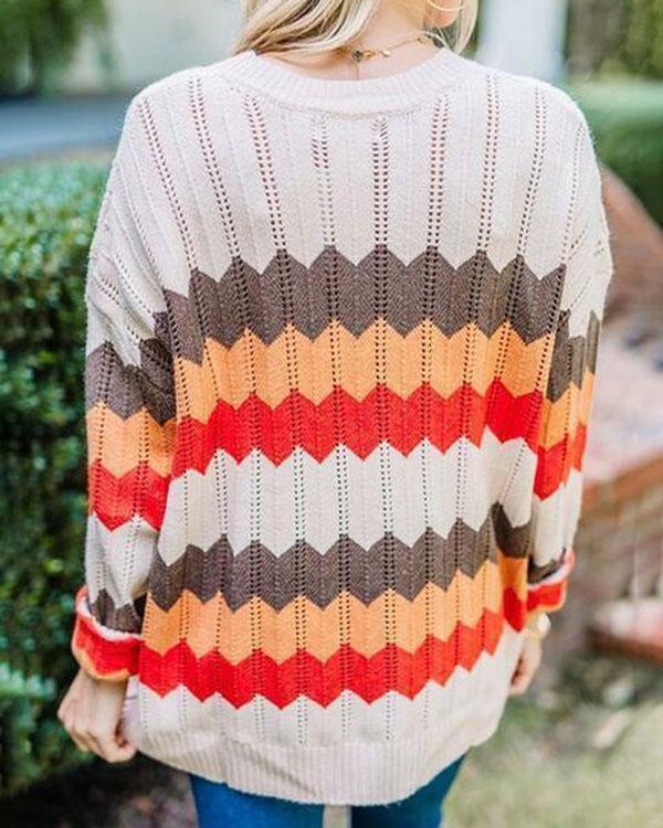 Casual Striped Color Block Knit Sweater