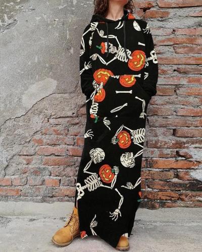 Halloween Printed Skull Sweatshirt Casual Dress