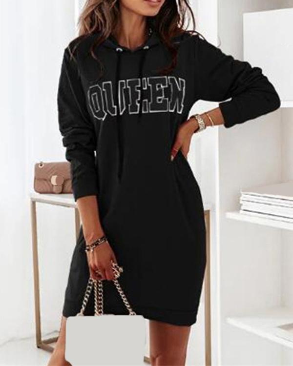 Long Sleeve Hooded Letter Sports Casual Dress