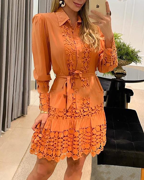 Solid Lace Long Sleeves Shift Knee Length Casual Dresses