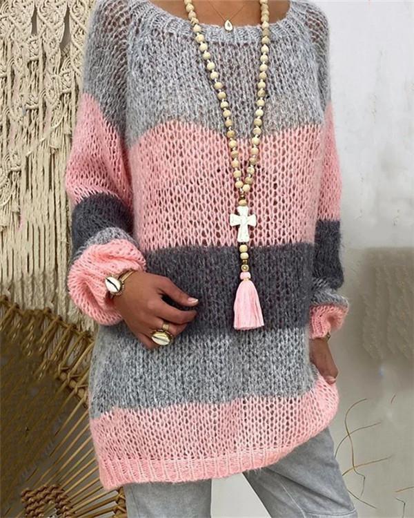 Colorblock Round Neck Long-sleeved Sweater