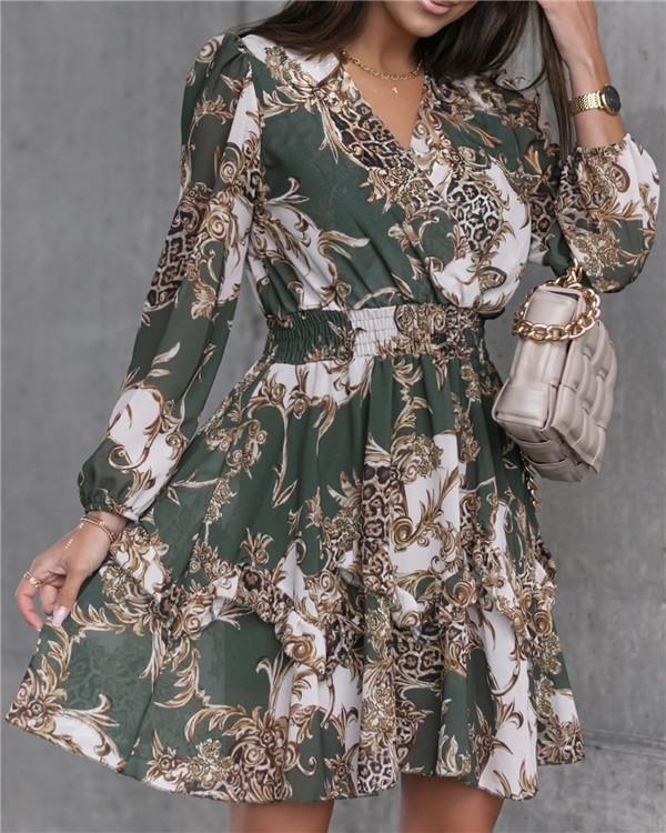 V-neck Long-sleeved Fashion Print Pleated Dress