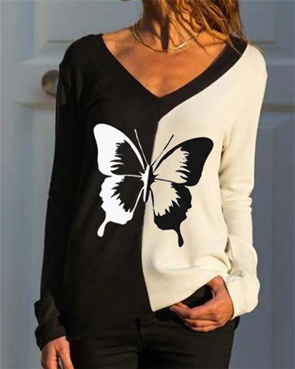 Loose Contrast Print Long-sleeved T-shirt