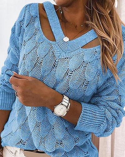 8 Colors V Neck Crotchet Pattern Hollow Out Sweater