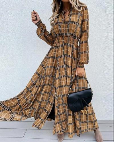 Emprie Waist Plaid Long Sleeve Maxi Dress