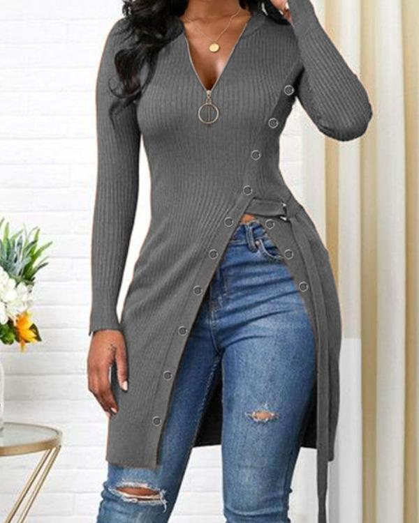 Side Slit Round Neck Long Sleeve Sweater