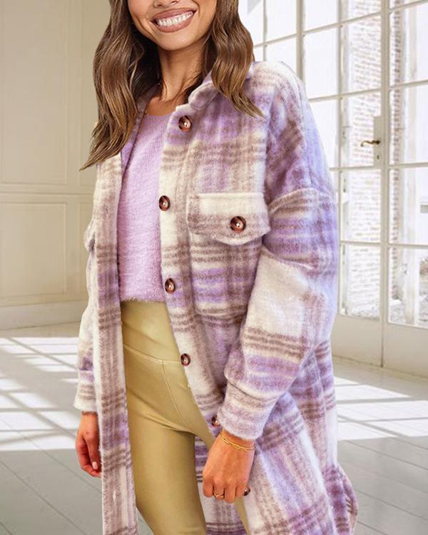 Women's Plaid Check Printed Midi Coat Jacket