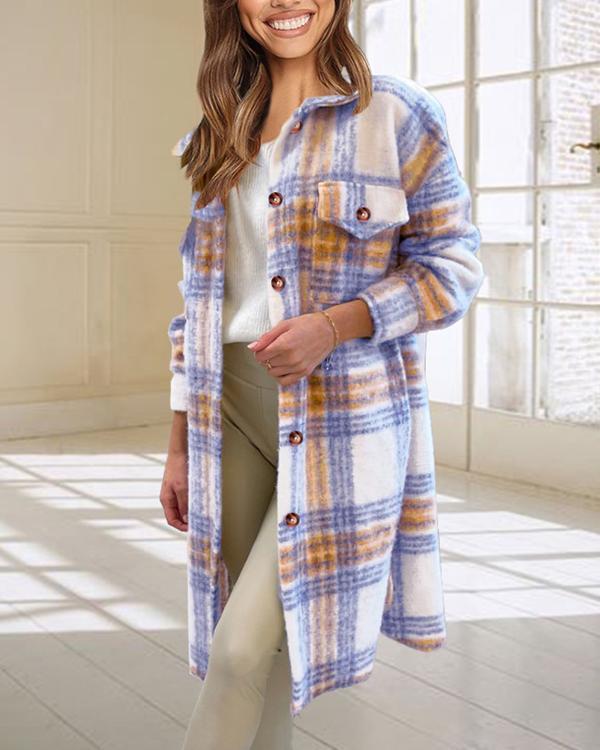 Women's Plaid Check Printed Midi Coat Jacket