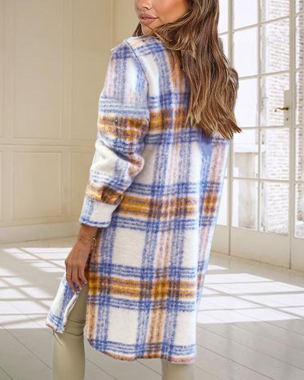 Women's Plaid Check Printed Midi Coat Jacket