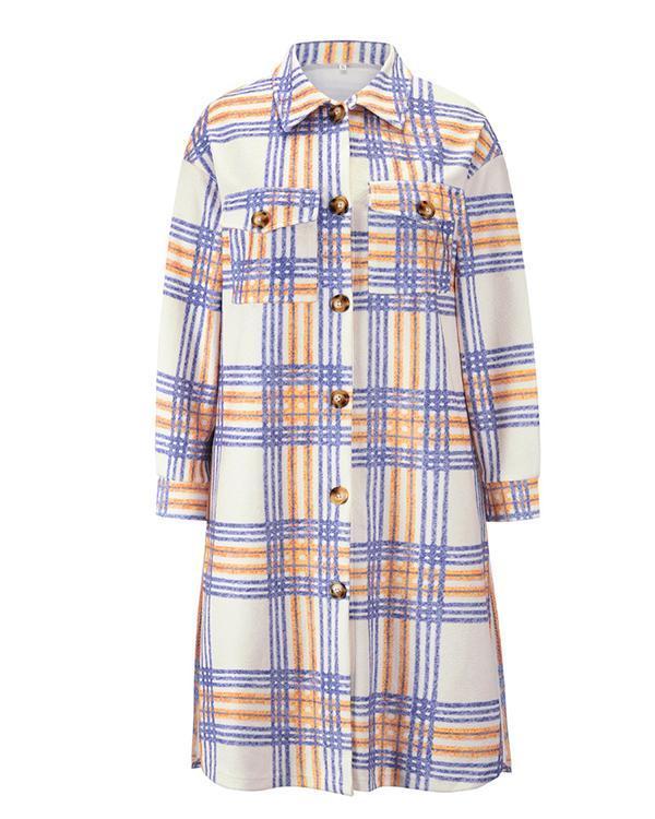 Women's Plaid Check Printed Midi Coat Jacket