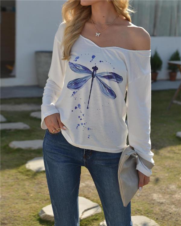 Dragonfly Print Embroidered Collar T-shirt