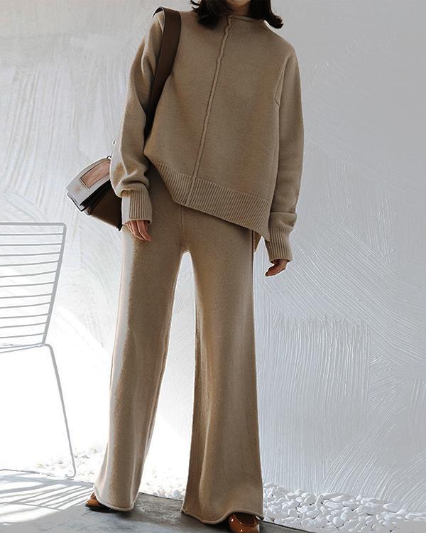 Long sleeve knitted sweater solid color loose fashion casual two-piece suit