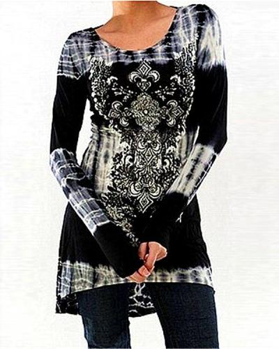 Round Neck Casual Printed Long-sleeved Top