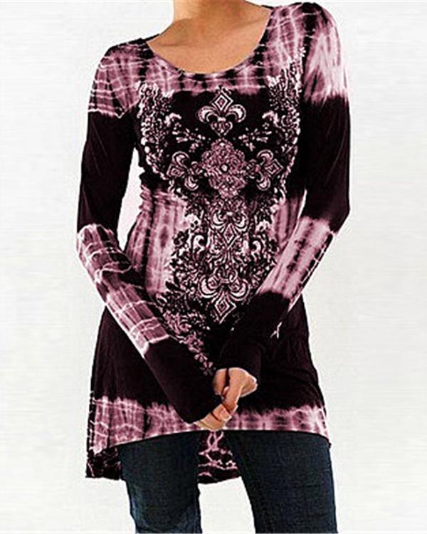 Round Neck Casual Printed Long-sleeved Top