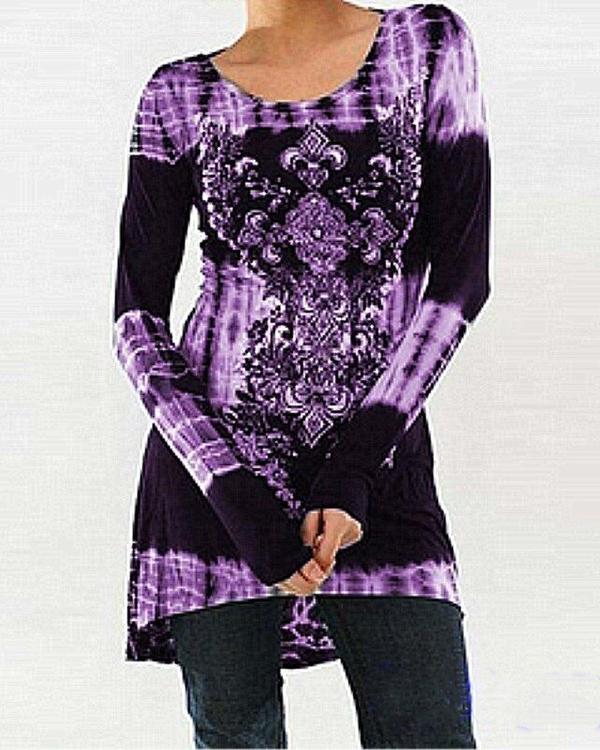 Round Neck Casual Printed Long-sleeved Top