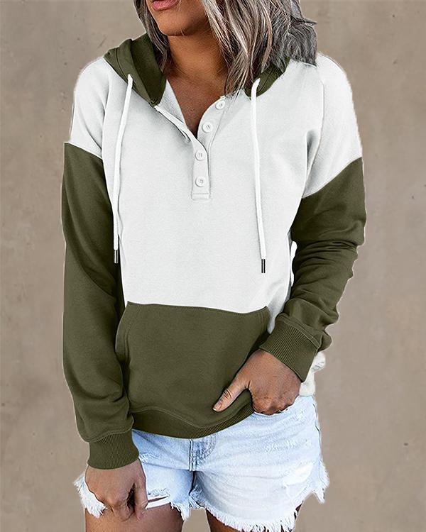 Contrast Women's Button Hoodie Pocket Pullover