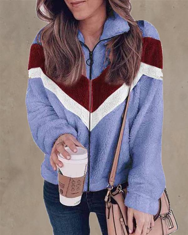 Casual Colorblock Zipper Plush Lapel Coat